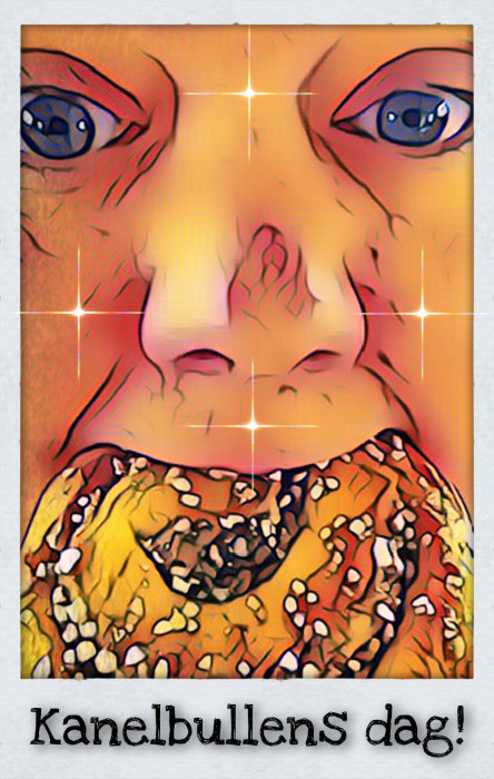 Illustrerad person som äter kanelbulle med texten "Kanelbullens dag!