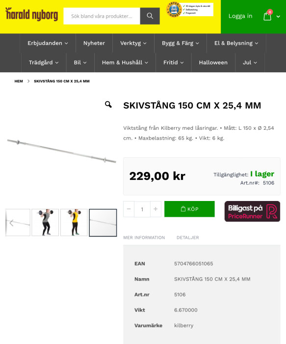 Produktbild på en Kilberry skivstång, 150 cm lång och 25,4 mm i diameter, på Harald Nyborgs webbplats. Priset är 229,00 kr och den är i lager.