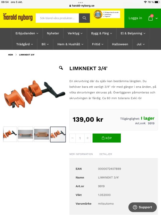 Limknekt och beslag för konstruktion av anpassningsbara skruvtvingar mot en vit bakgrund, på en webbutikssida.