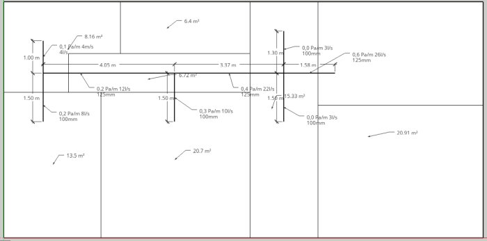 Teknisk ritning med mått och beräkningar för olika sektioner av en byggnad.