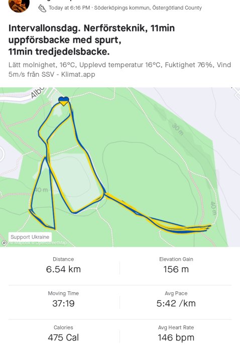 Löprundekarta som visar 6,54 km distans med höjdvinst och träningsstatistik såsom tid, kaloriförbrukning och puls.