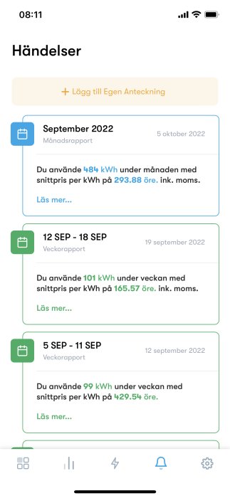 Skärmavbild av en energianvändningsrapport med detaljer om förbrukning och kostnad per kWh för olika veckor och månader.