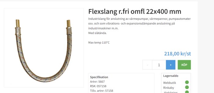 Flexibel anslutningsslang 22x400mm för VVS-arbeten.