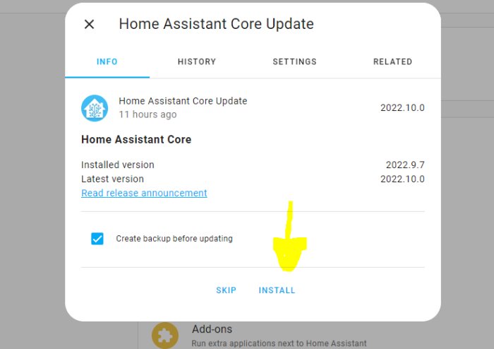 Skärmbild av Home Assistant Core uppdateringsfönster med muspekaren över 'Install'-knappen.