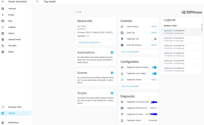 Skärmdump av ESPHome användargränssnitt med Tag reader-inställningar, kontroller och loggbok.