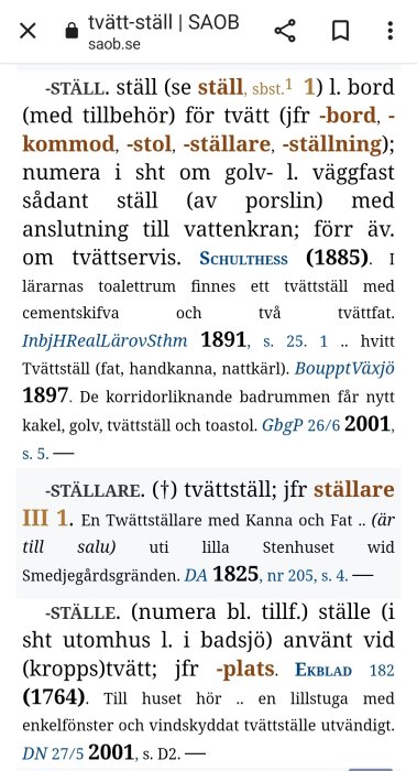 Skärmbild av SAOB-uppslagsordet "tvättställ" med definitioner och historiska referenser.