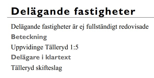 Dokumentutdrag med rubriken "Delägande fastigheter" och text som anger att fastigheter inte är fullständigt redovisade.