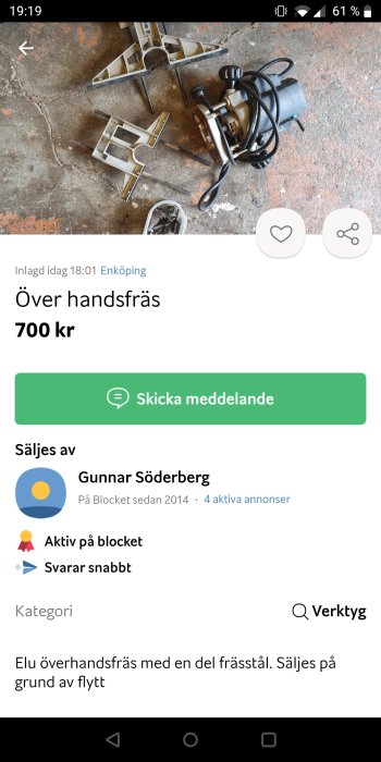 Begagnad Elu överhandsfräs med fräsverktyg och tillbehör på betonggolv, säljes på grund av flytt.