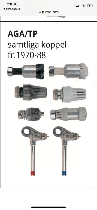 Olika typer av termostatventiler och radiatoranslutningar med röd och blå märkning för 1-rörssystem.