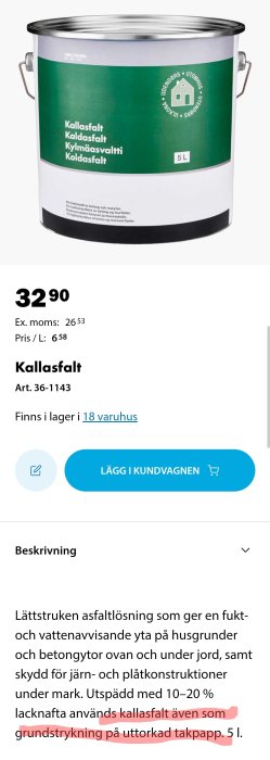 5 liters burk med kall asfalt för bygg- och reparationssyften, visar pris och produktinformation.