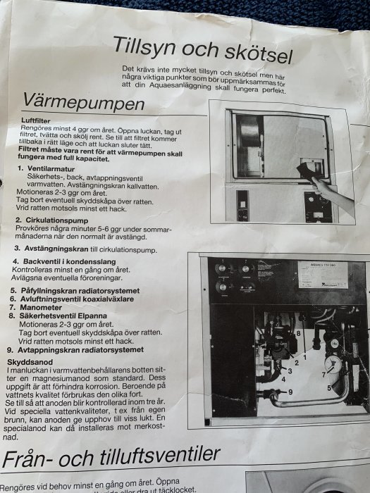 Slitet bruksanvisningspapper för värmepump visar bild på öppen enhet med numrerade komponenter och en hand pekar.