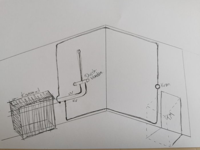 Handritad skiss av badrum med duschblandare, rörledningar, kommod och kran.