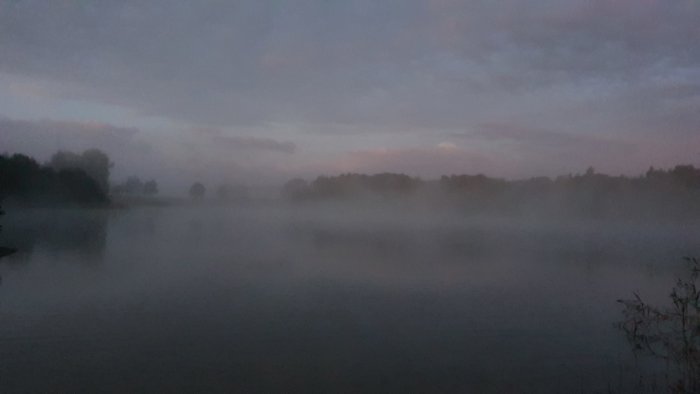 Dimmigt landskap med sjö i gryningen.