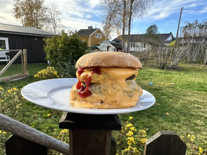 Hamburgare med rikligt med ost och ketchup på tallrik utomhus med grönt gräs och hus i bakgrunden.