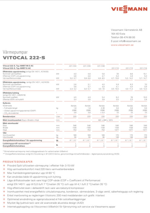 Informationsblad om Värmepumpar Vitocal 222-S med tekniska specifikationer och prestandadiagram.