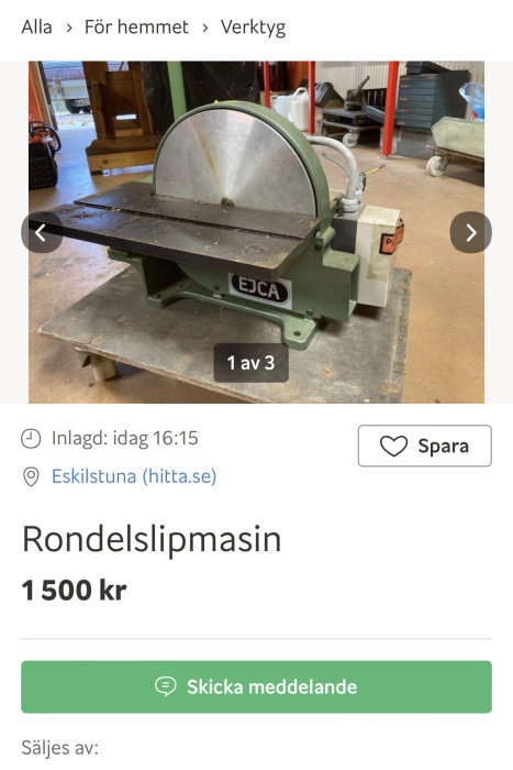 Rondellslipmaskin av märket EJCA placerad i verkstadsmiljö.