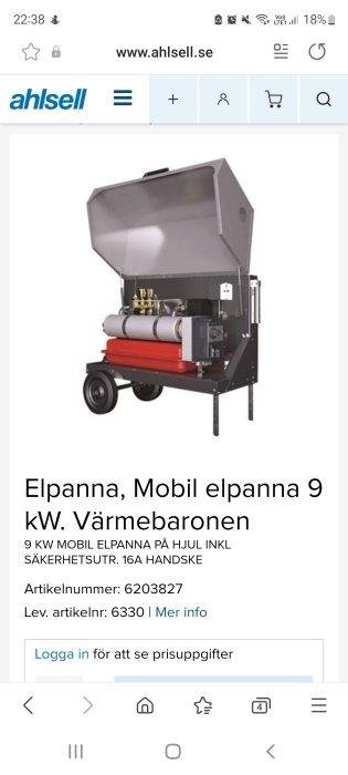 Mobil elpanna på hjul från Värmebaronen, 9 kW, med öppen skyddshuv.