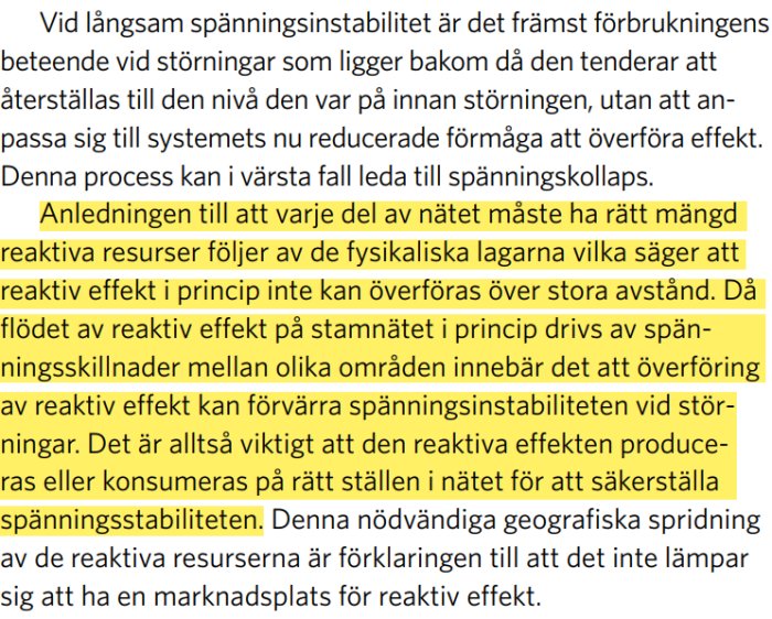 Skärmdump av en PDF om energiöverföring, markerande text om spänningsstabilitet och reaktiv effekt.