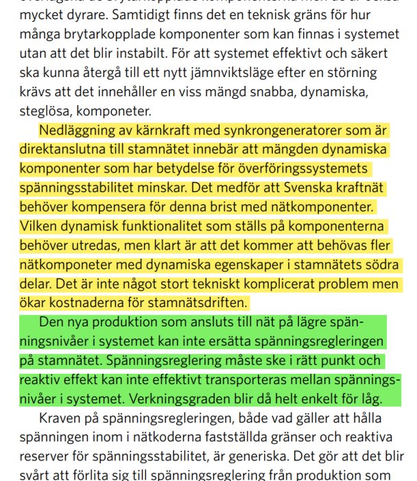 Skärmdump av dokument med markerad text om nedläggning av kärnkraft och dess påverkan på nätstabilitet.