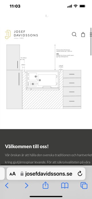 Ritning som visar placering av spis bredvid skåp med anvisningar om säkerhetsavstånd och luftspalt.