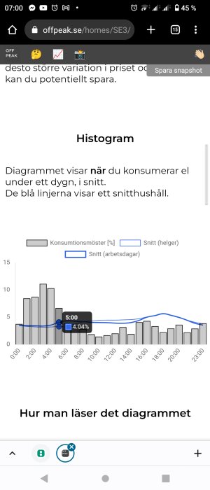 Histogram som visar ett genomsnittligt dygns elkonsumtionsmönster, toppar på kvällen.