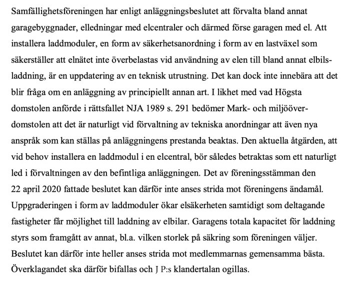 Textdokument om MÖD-beslut gällande elbilsladdning i samfällda garagelängor.