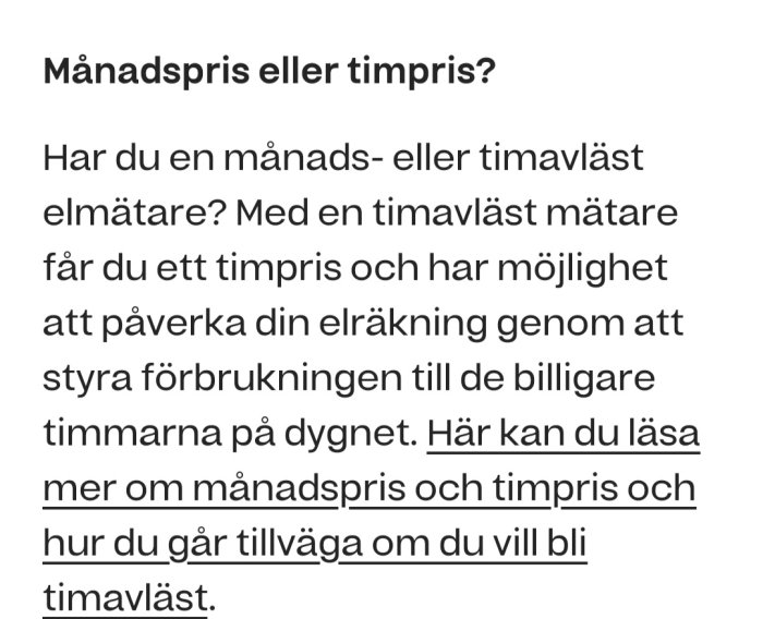 Skärmdump av text om val mellan månadspris och timpris för elmätare.