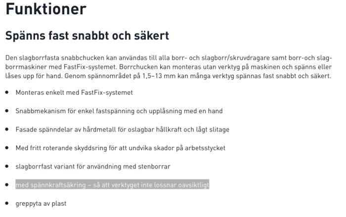 Skärmdump som beskriver funktionerna hos en snabbchuck för borr- och skruvdragare, inklusive snabbfastspänning och skadefri drift.