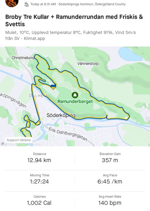 Kartskärmdump av löprunda i Söderköping med distans och tid, visar temperatur och fuktighet.