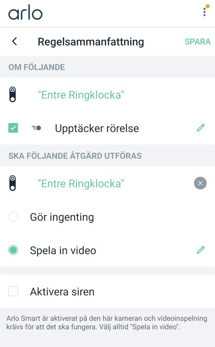 Skärmdump av mobilapp där användaren konfigurerar en ringklocka att spela in video vid rörelsedetektering.