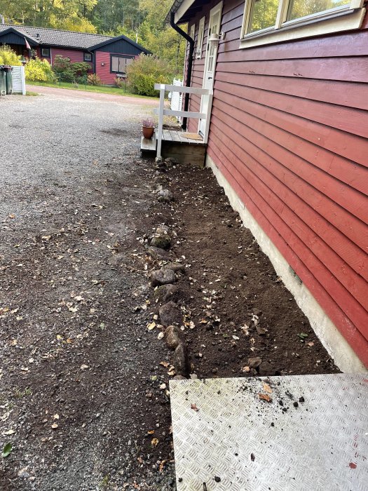 Grävt område längs röd trävägg av hus för förberedelse av plantering eller markarbete.