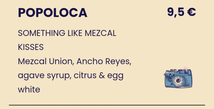 Menydesign med namnet 'POPOLOCA', ingredienser för en cocktail och pris 9,5 euro, samt ett kameratecken.