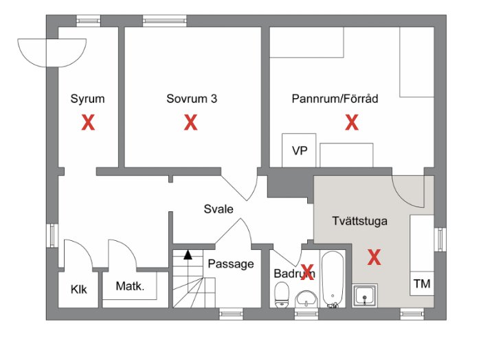 Ritning av en husplan med markerade områden för renovering betecknade med röda kryss.