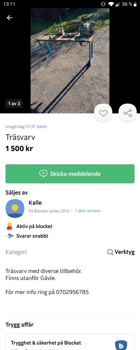 Lundgrens träsvärmaskin med tillbehör på bord utomhus, till salu.