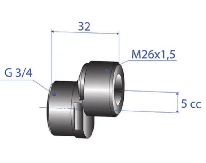 Teknisk ritning av en excenterförlängare för takdusch med måttangivelser G3/4, M26x1,5 och 5 cc.