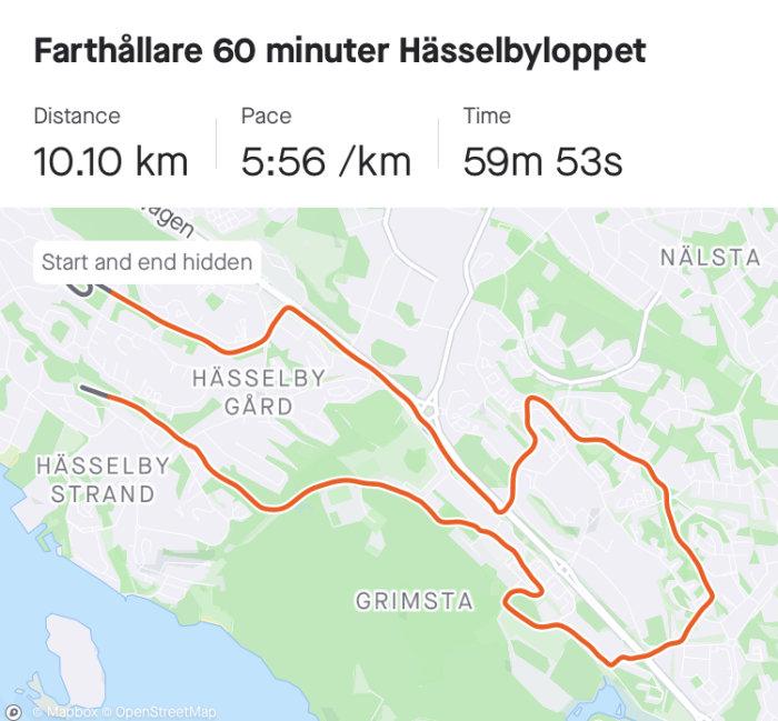 Karta med markerad löprunda för Farthållare 60 minuter Hässelbyloppet, visar 10.10 km sträcka och tid.