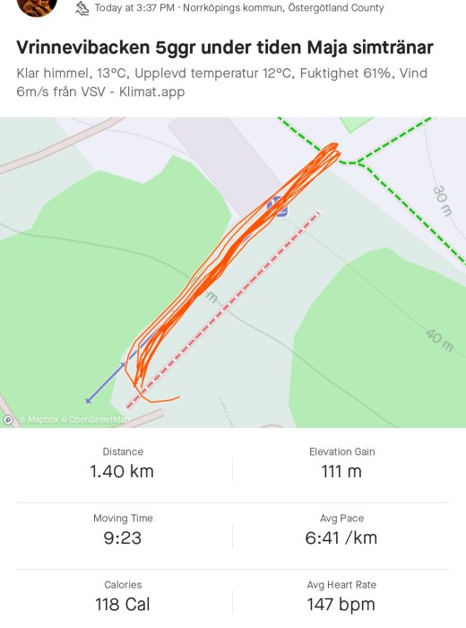 Kartskärm från träningsapp som visar simträningsrutt i Vrinnevi, Norrköping.