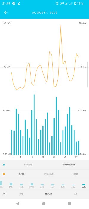 Diagram över daglig energiförbrukning och elpris för augusti 2022 med vågformslinje och staplar.