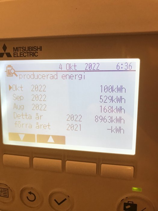 Display på värmepump visar energiproduktion för oktober och september jämfört med föregående år.