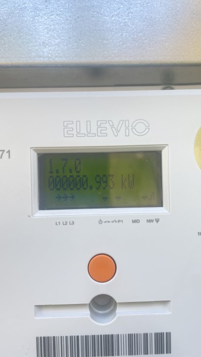 Elmätare med display som visar 0.000 kW förbrukning, vilket indikerar att strömmen är bruten.