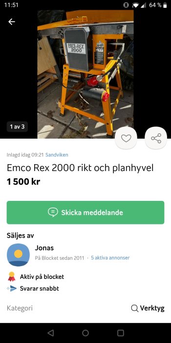 Emco Rex 2000 rikthyvel och planhyvel i arbetsmiljö.