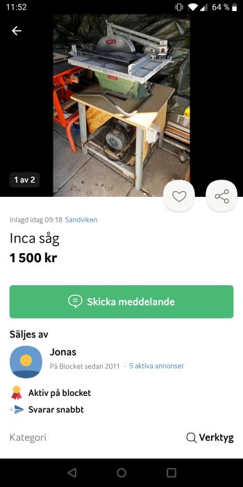 Bordssåg av märket INCA placerad i ett garage.