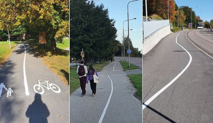 Tre olika bilder av dåligt dragna vita linjer på cykelvägar, vilket skapar förvirrande vägledning.