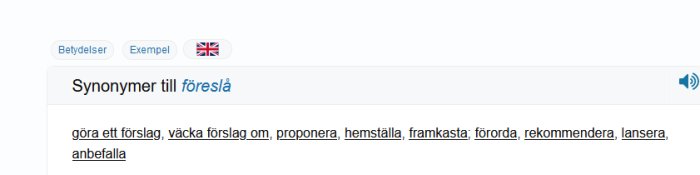 Skärmdump av en ordlista som visar synonymer till ordet "föreslå".