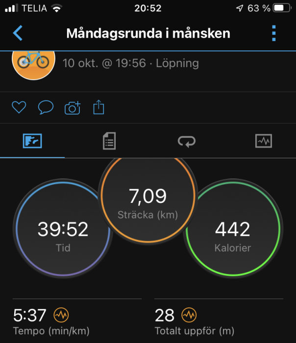 Skärmavbild av löparapp med statistik över distans, tid, kaloriförbrukning, tempo och höjdmeter.