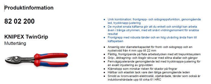 KNIPEX TwinGrip skiftnyckel med rödblå handtag och beskrivande text om funktioner.