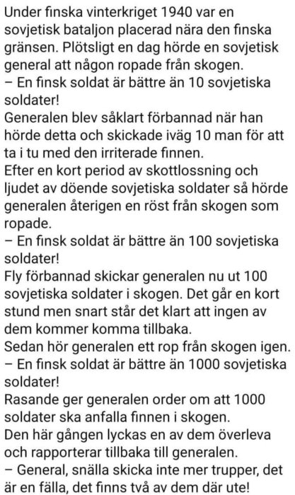 Skärmavbild av en text relaterad till finska vinterkriget om finska och sovjetiska soldater.