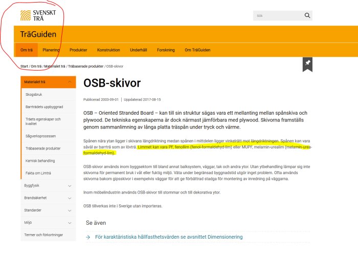 Skärmbild av en webbsida med information om OSB-skivor från TräGuiden.