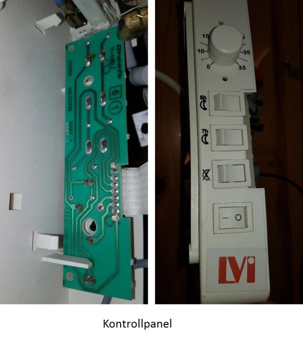 En kontrollpanels kretskort och dess framsida med missfärgning, knappar och termostatvred.