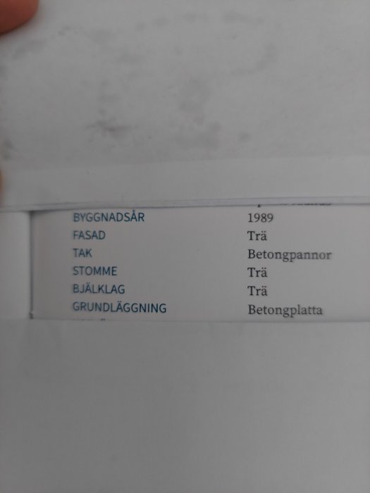 En tabell med information om ett hus: byggnadsår 1989, fasad av trä, tak med betongpannor, stomme och bjälklag av trä, grundläggning betongplatta.